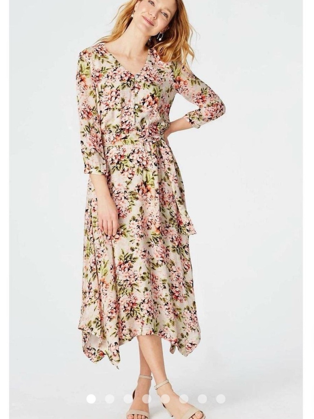 J.JILL FLORAL HYDRANGEA MIDI DRESS PINK GREEN HANDKERCHIEF HEM 4X